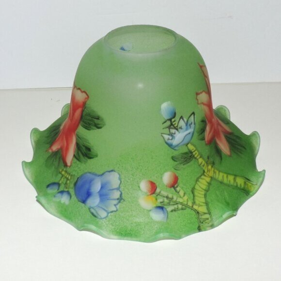 Green Frosted Glass Lampshade With Floral Print Ruffled Edges Home Decor - Picture 5 of 6